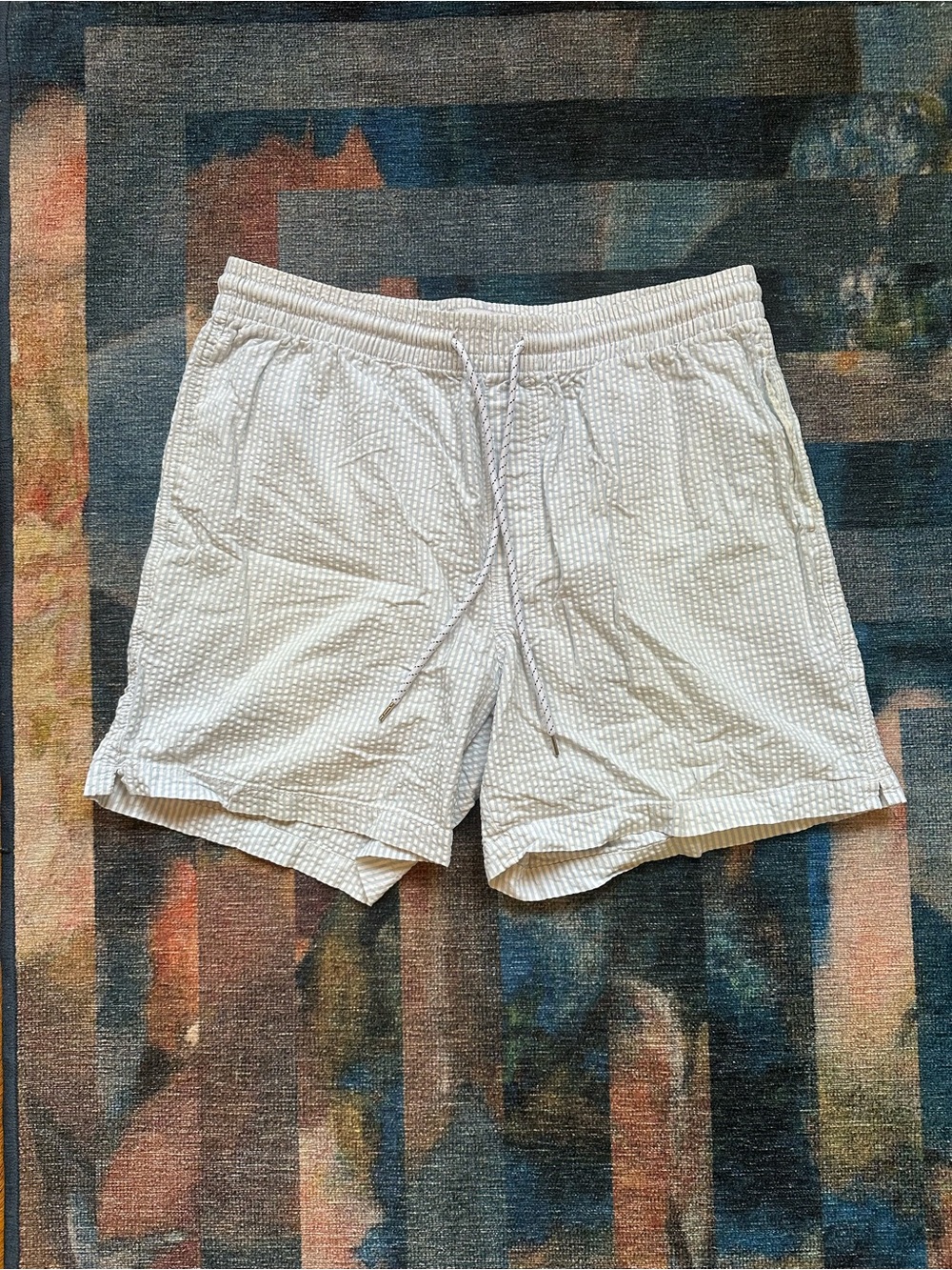 Urban Outfitters Men’s Shorts White Blue Stripe Herringbone Size Large 5” Inseam